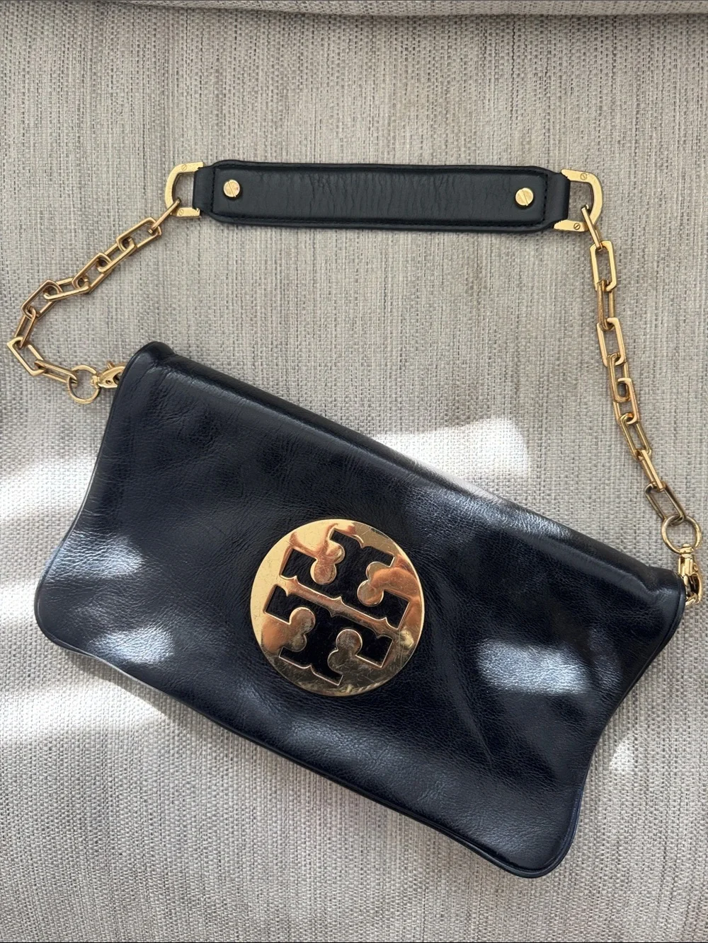Tory Burch Black Leather Clutch with Gold Logo Medallion